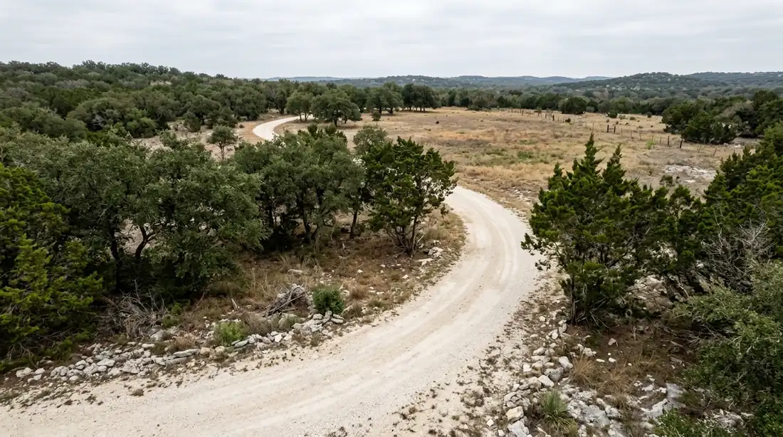 Caliche gravel driveway curving through oak and cedar across a cleared rural lot