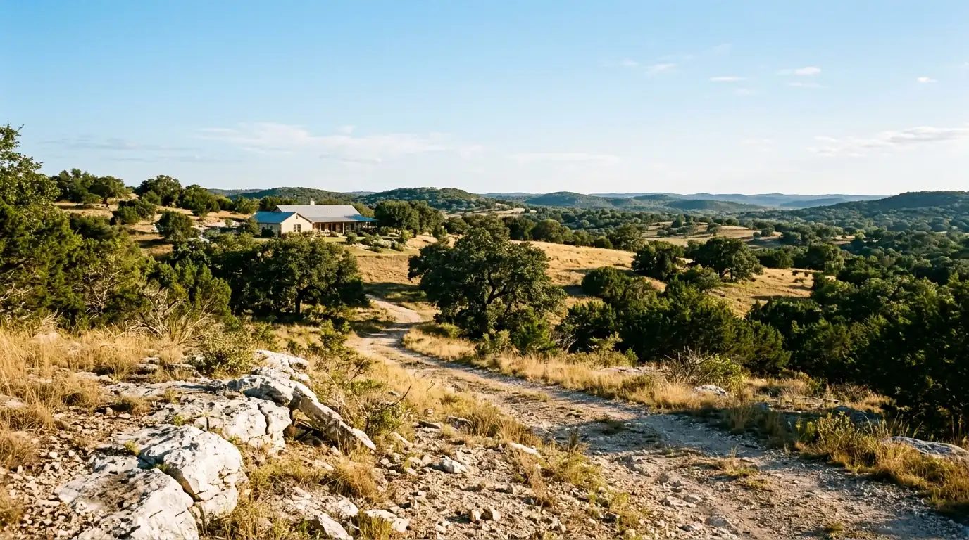 Texas Hill Country acreage with exposed limestone outcrops, live oaks and a home on a large lot