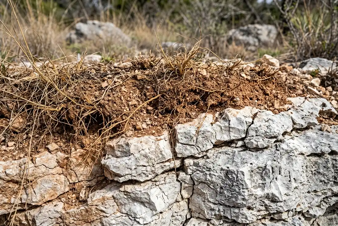 Thin topsoil layer directly above fractured limestone bedrock in the Texas Hill Country